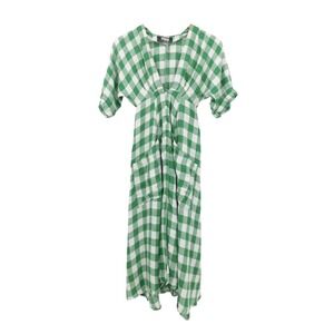 Reformation Green 100% Linen White Geneva Gingham‎ Check Midi Dress Size 0